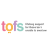 Colourful letters 't', 'o', 'f', 's' in pink, orange, purple, and teal, with the tagline 'lifelong support for those born unable to swallow' in grey.