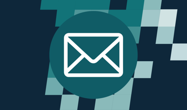 A dark blue background with lighter blue squares. In the centre is a white email icon on a mid-blue background.