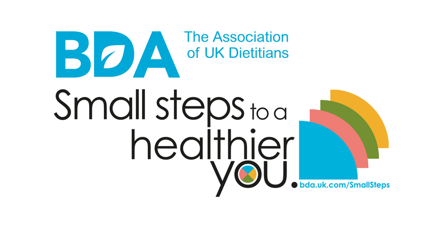 A white background. At the top left is the BDA logo. Text reads: The Association of UK Dietitians. Small steps to a healthier you. bda.uk.com/SmallSteps. In the bottom right are four circle segments in blue, red, green and yellow.