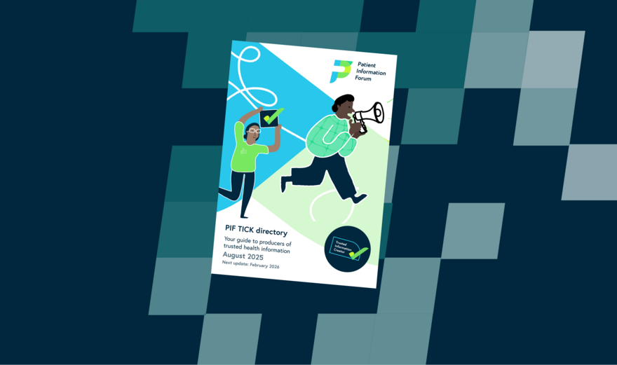 A dark blue background with lighter blue squares across the right-hand side. In the centre is the cover of the PIF TICK directory Aug 2025
