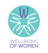 Wellbeing of Women logo featuring a teal circle with an purple “W” and and white 