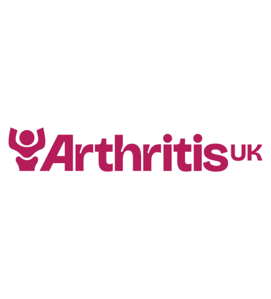 Arthritis UK logo in dark pink, featuring a stylised human figure with raised arms to the left of the bold text 