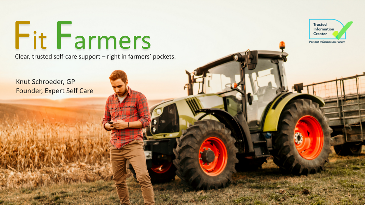 The front cover of the presentation: Fit Farmers App – A case study in effective self-care communication for rural communities by Dr Knut Schroeder, GP and Founder of Expert Self Care