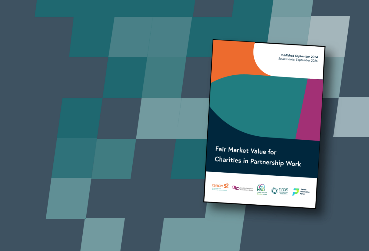 A dark blue background with lighter blue squares. In the left is an image of the cover of the Fair Market Value for Charities in Partnership Work