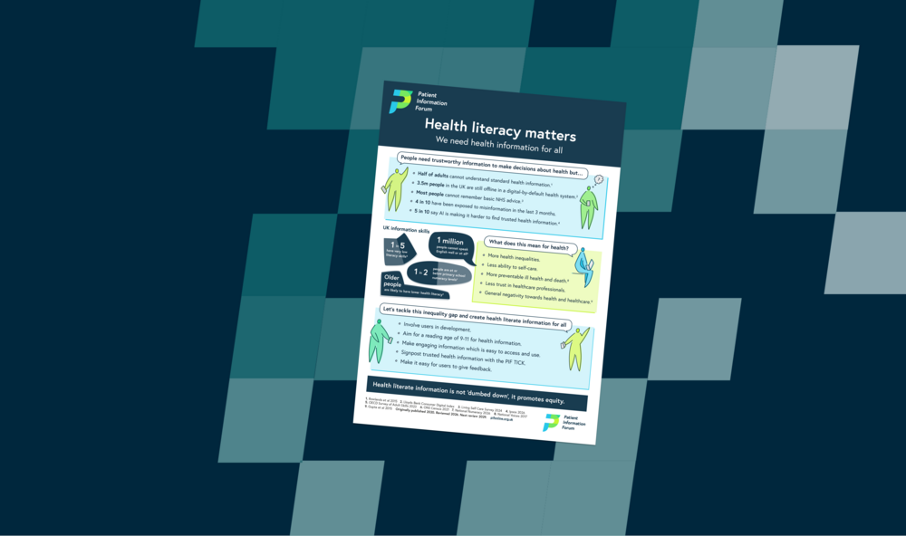 A dark blue background with light blue checks. In the middle is the health literacy matters 2026 poster