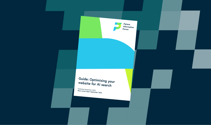 A dark blue background with lighter blue squares across the right-hand side. In the centre is the cover of the Guide - Optimising your site for AI search cover