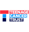 A bold red, blue, and navy 'T' shape alongside the text 'Teenage Cancer Trust' in uppercase white text on matching colour blocks.