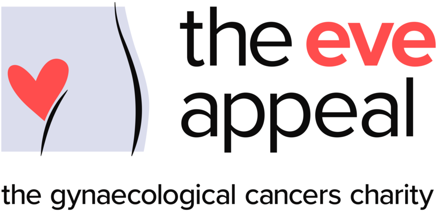 The Eve Appeal logo featuring a stylised silhouette of a woman’s torso with a red heart on a pale lavender background. To the right, the text reads “the eve appeal” with “eve” in red and the rest in black. Below, the tagline says: “the gynaecological cancers charity.”