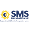 A yellow sun with a crescent moon and circle inside, alongside bold blue text 'SMS Foundation UK' and the tagline 'Supporting SMS families for a positive future'.