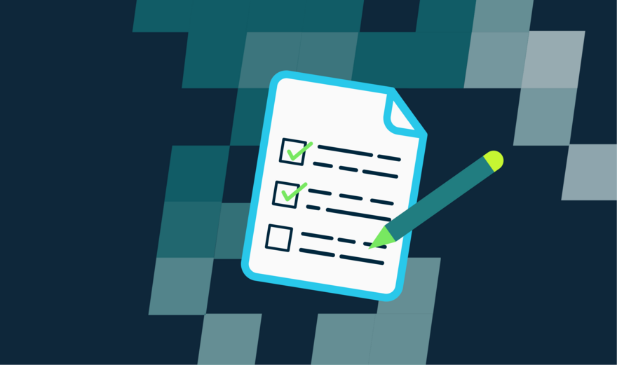 A dark blue background with light blue checks. In the middle is a survey sheet and pen in PIF colours