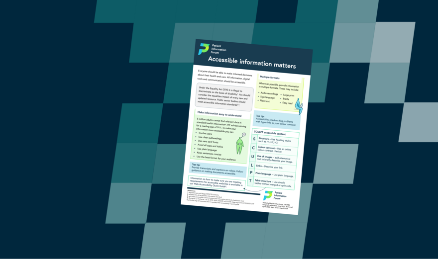 A dark blue background with light blue checks. In the middle is the Accessible information matters poster