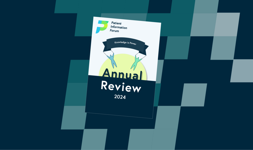 The cover of the Annual Review 2024 in front of a blue chequered background.
