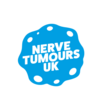 Nerve Tumours UK logo featuring white text in bold uppercase letters inside a bright blue, irregular splat-shaped background with scattered white spots.