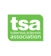 Bold white text 'tsa' with a leaf detail, on a green background, and 'tuberous sclerosis association' in smaller white text below.