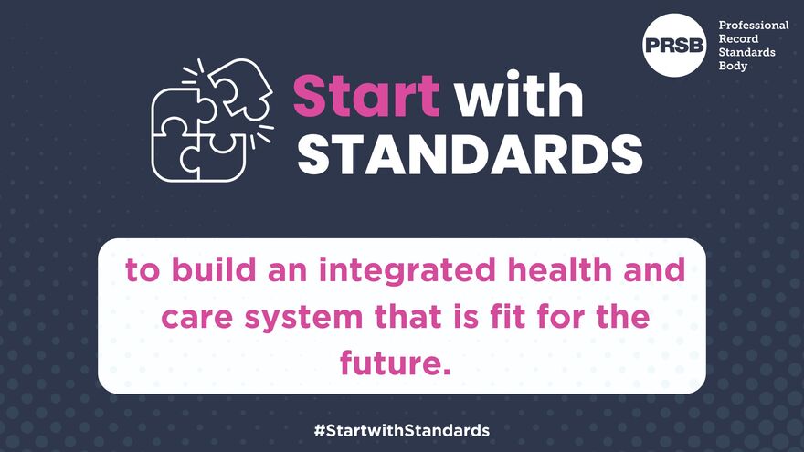 A dark blue background with an illustration of a jigsaw and the PRSB logo in the top right. Text reads: Start with Standards to build an integrated health and care system that is fit for the future. #StartWithStandards.