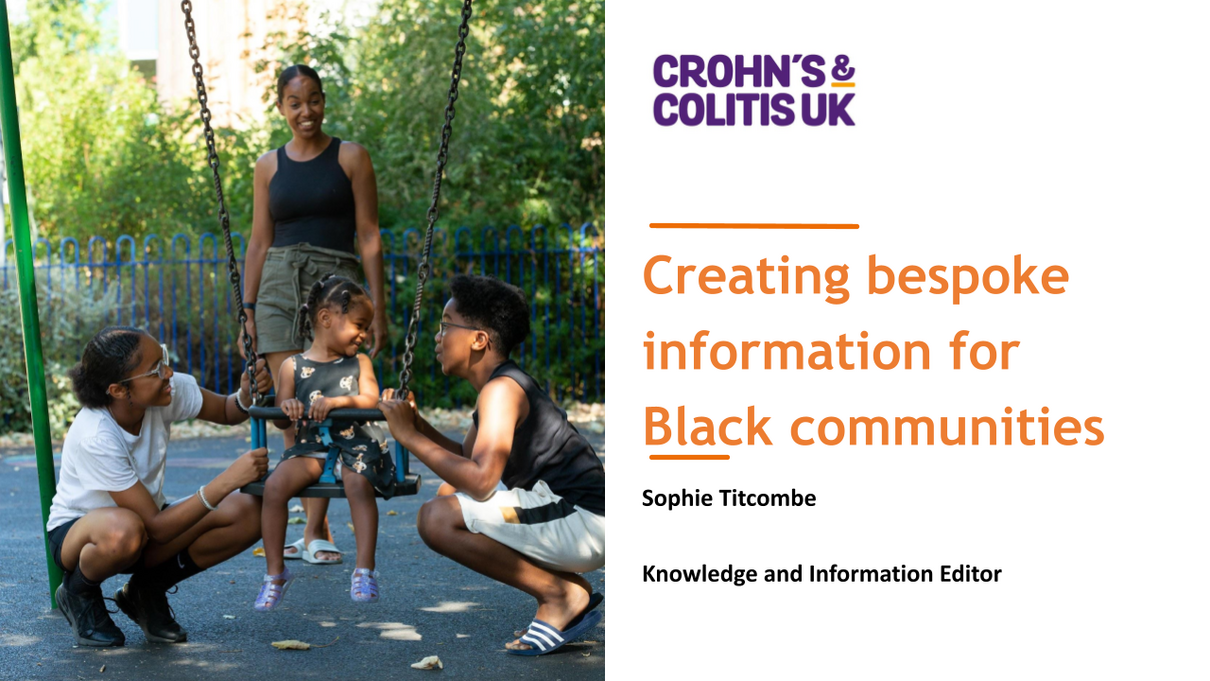 Presentation slide showing a Crohn’s & Colitis UK title about creating bespoke information for Black communities, with a photo of a family at a playground.