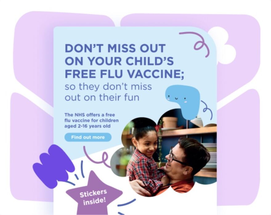 A screenshot of the front cover of a flu vaccine leaflet aimed at parents