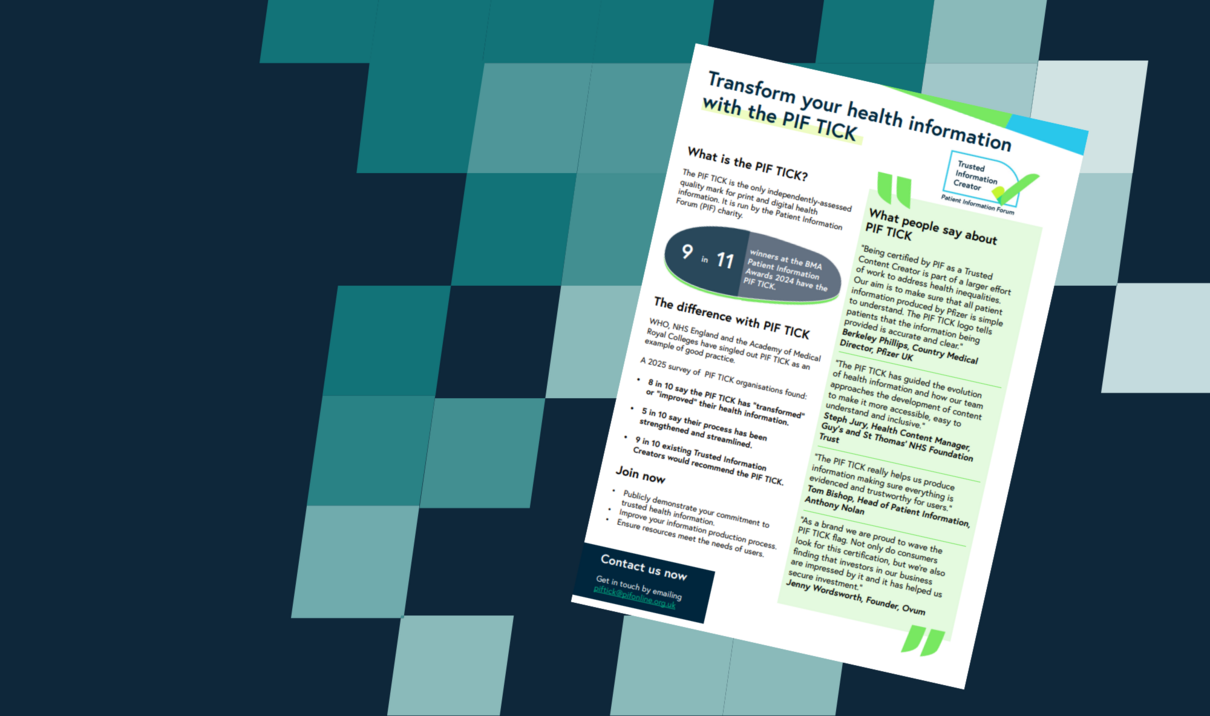 The PIF TICK benefits poster in front of a blue chequered background.