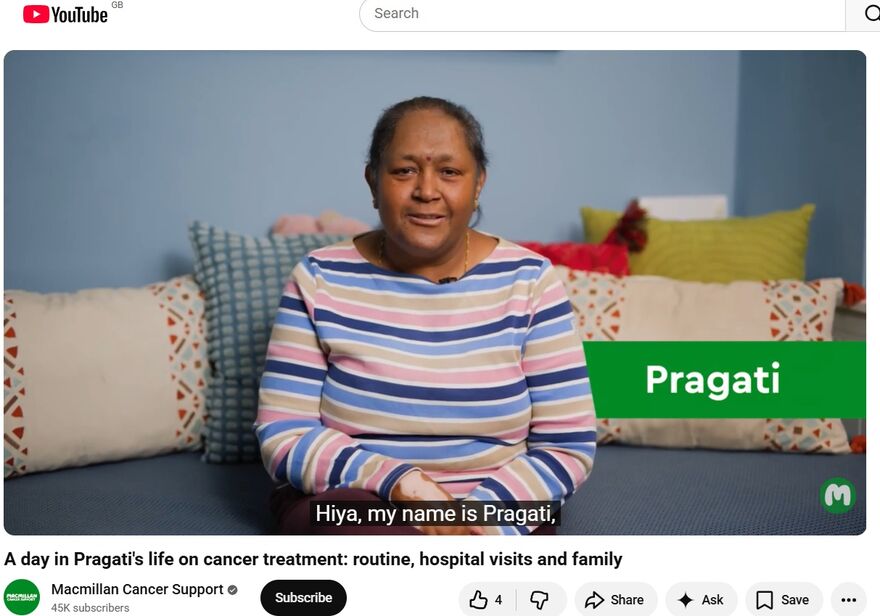 Screenshot from a new video from Macmillan Cancer Support