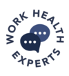 Work Health Experts logo with two overlapping speech bubbles in dark blue and the name in a circular layout around them.