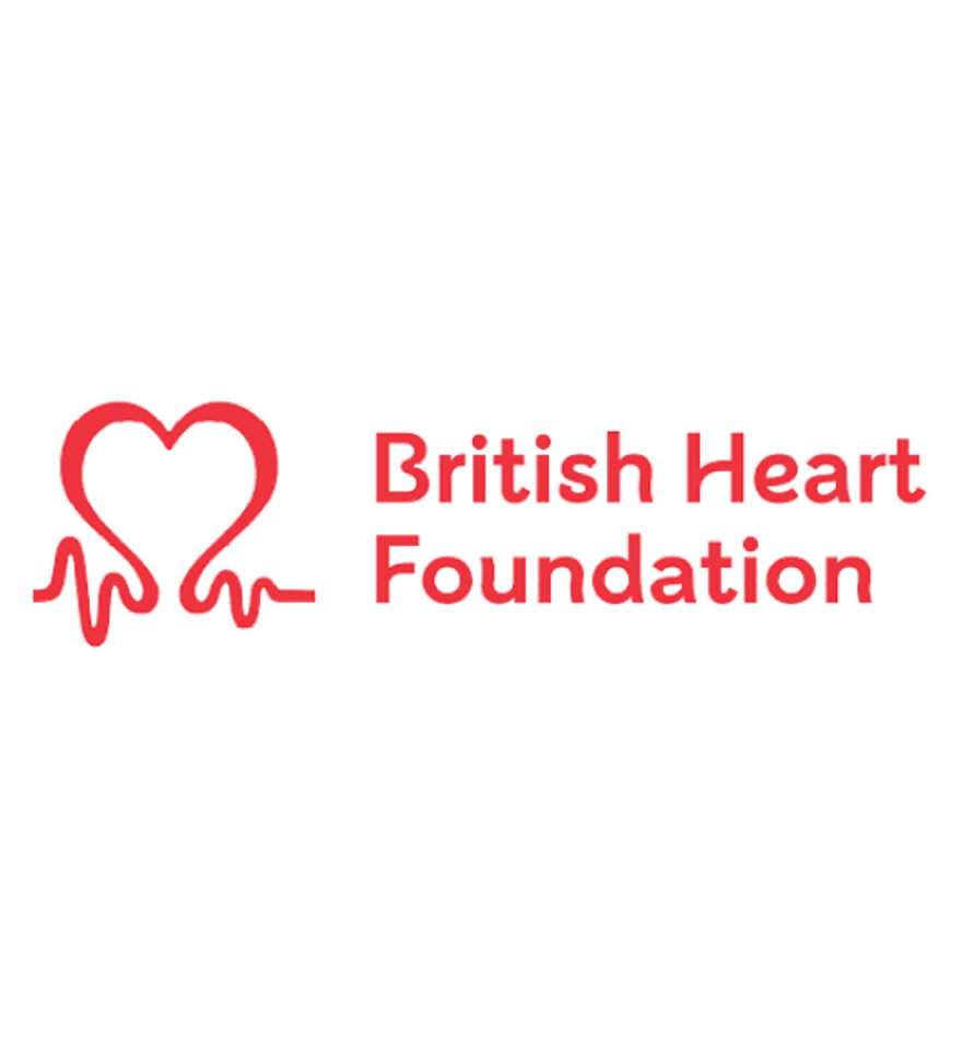 Logo for British Heart Foundation, showing a red heart shape integrated with an ECG line, alongside the organisation name in bold red font.
