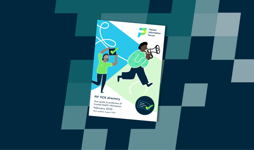 A dark blue background with lighter blue squares across the right-hand side. In the centre is the cover of the PIF TICK directory Feb 2025
