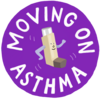 Cartoon inhaler with a smiling face and arms running, surrounded by the text “Moving On Asthma” on a purple background.