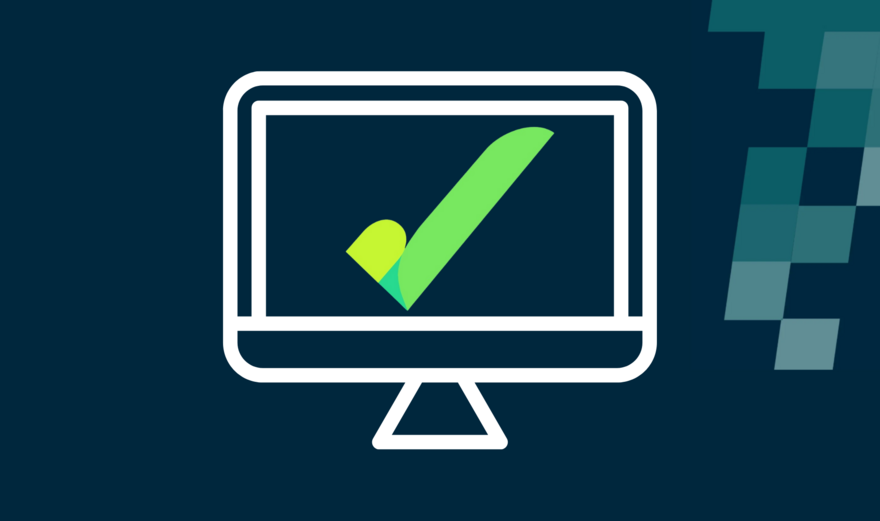 A dark blue background with light blue chequers. In the centre is the outline of a laptop with the PIF TICK showing on the screen.