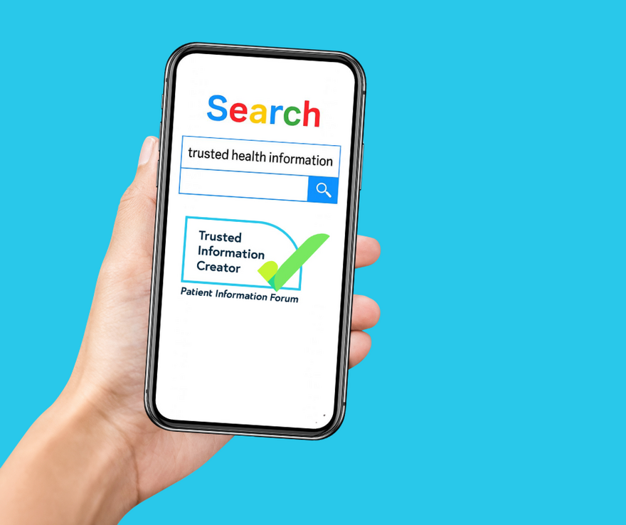 Blue background with a phone being held up: the screen says 'Search trusted health information' and has the PIF TICK logo