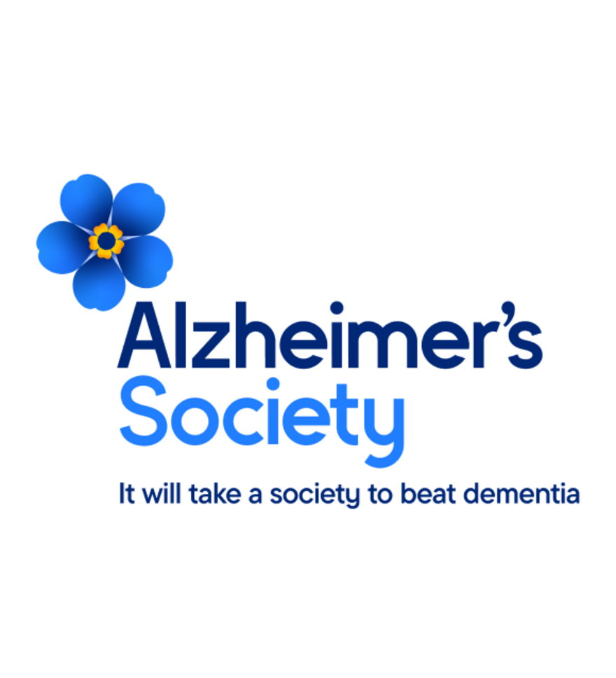 Alzheimer's Society logo with a blue forget-me-not flower and the tagline 'It will take a society to beat dementia'