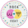 Circular “BRCA+ Chat” logo with overlapping pink and yellow circles showing stylised breasts and a uterus, with a heart between them, surrounded by a colourful dotted border.