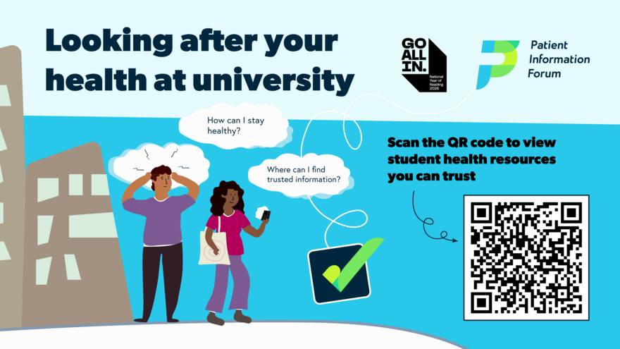 Bright blue background. Text  at the top reads: Looking after your health at university. Beside it is the PIF TICK logo.Underneath is a graphic of a person with building with speech bubbles beside that read: How can I stay healthy? Where can I find trusted information? At the bottom is the Patient Information Forum logo and the Go All In Year of Reading logo.