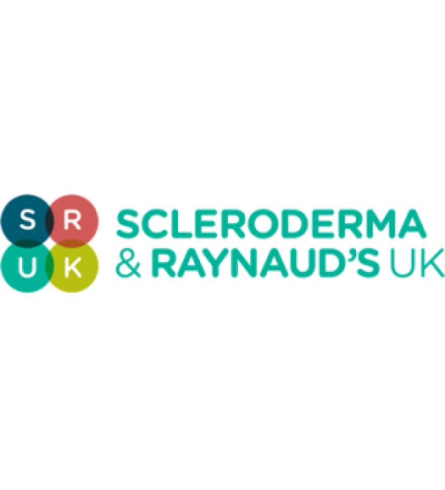 Four coloured circles with 'SR UK' inside, alongside the text 'Scleroderma & Raynaud’s UK'.