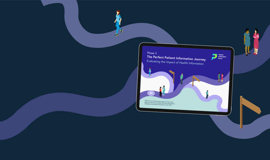 A dark blue background with lighter paths going in four directions across it. There are people on two of the paths and a signpost on the third. In the centre is a tablet showing the cover of the Perfect Patient Information Journey Phase 3 report.