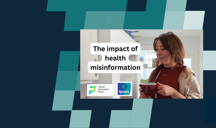 A blue chequered background. On the right is a thumbnail of a video on the impact of health misinformation. The thumbnail includes an image of a young woman holding a cup of tea.
