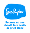 Sue Ryder in a blue circle drawing with the tagline 'Because no one should face death or grief alone'.