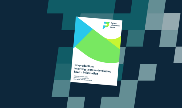 A dark blue background with lighter blue squares. In the centre is the cover of the Co-production guide.