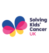 A stylized butterfly with blue, pink, and yellow wings alongside bold text 'Solving Kids’ Cancer UK'.