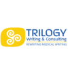 A yellow square with three white spiral shapes and blue text 'TRILOGY Writing & Consulting' with the tagline 'Rewriting Medical Writing' underneath.