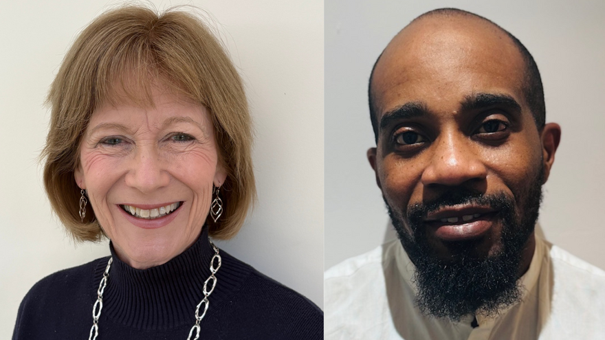 Two photos side by side of a white woman wearing a black polo neck and a Black man wearing a white shirt