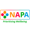 Logo for NAPA featuring four colorful circles on the left, bold multicolored 'NAPA' text, and the tagline 'Prioritising Wellbeing' in green below.