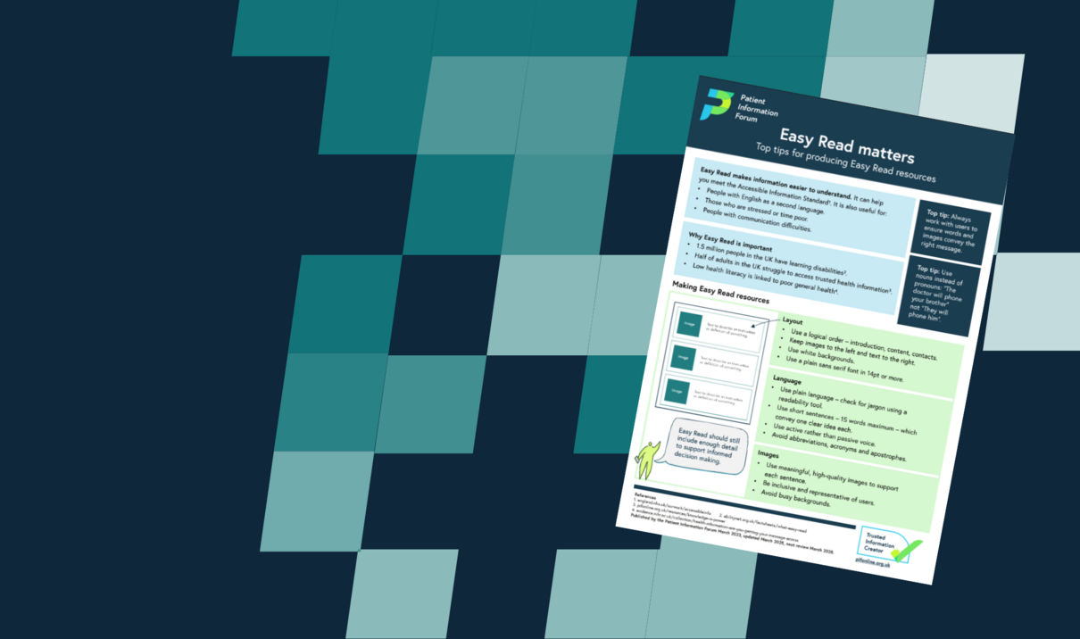 A dark blue background with lighter blue checks. On the right-hand side is the Easy Read matters poster.