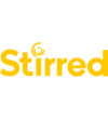 Stirred logo in bold yellow text with a stylised circular icon above the